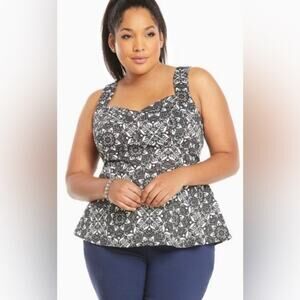 Torrid Lace Print Sateen Peplum Top Black Off White Size 5X